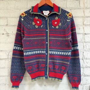 Vintage Embroidered Striped Long Sleeve Cardigan Navy and Red